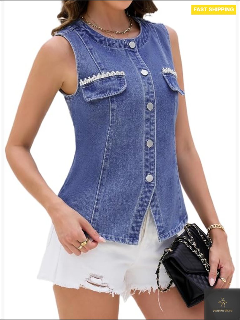 Denim Vest Sleeveless Crew Neck Rhinestone Embellished Button Down Layering